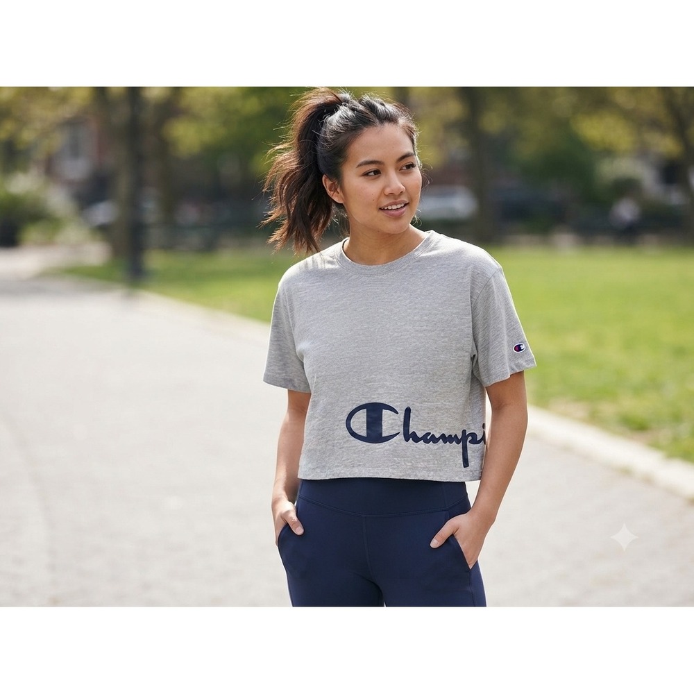 Champion Womens Cropped T-Shirt Heather Gray Navy Blue Logo Graphic Sizeβ Large
